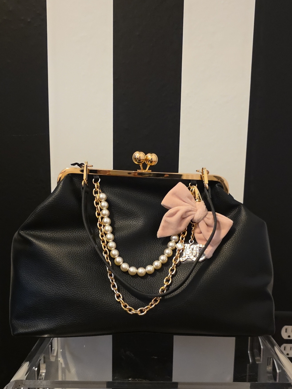 Juicy Couture Black Frame Top Clutch with Gold Hardware & Pink Bow